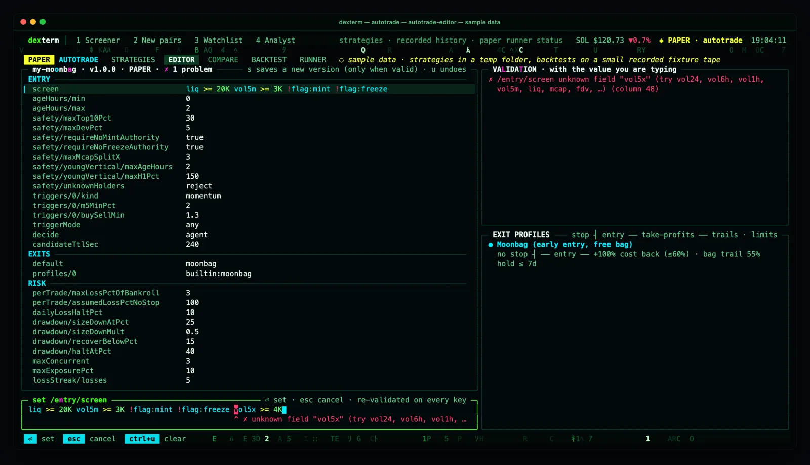 the dexterm autotrade editor on sample data: a strategy form in sections with the screen filter being typed, a caret under the column of an unknown field, the validation panel naming the problem and an exit-profile sketch